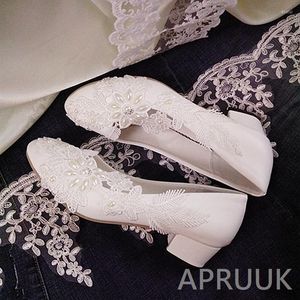 Dress Shoes 4CM Square Block Middle Heel Wedding White For Woman Handmade Lace Pearls Slip On Bridal Bridesmaid Sales