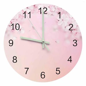 Orologi da parete Fiore di primavera Fiore di pesco Fiori di ciliegio rosa Orologio a puntatore luminoso Ornamenti per la casa Decorazioni per soggiorno rotonde e silenziose