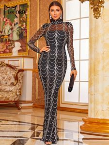 Jeans Missord Sequins See Though Women Maxi Evening Dresses Autumn Winter High Neck Wave Elegant Long Sleeve Bodycon Party Dress
