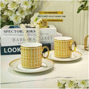 Mugs 2022 Style Luxury Mosaic Coffee Cup And Saucer Set With Gold Handel Ceramic Cappuccino Afternoon Tea 2Pcs Mug Drop Delivery Hom Dhrkx