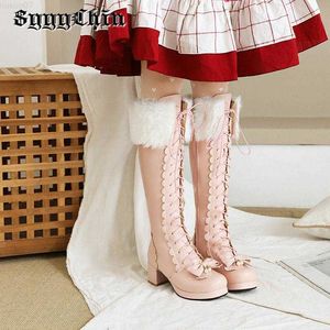 Stiefel Winter Neue Damenstiefel Lolita Dicke High Heels Plattform Kniehoher Kunstpelz Damenpump Damen Süßes und süßes Rollenspiel Plüsch Spitze Obermaterial L230711