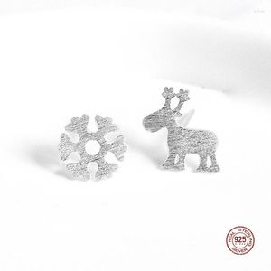 Brincos LKO Real 925 Prata Esterlina Doce Floco de Neve Alce Assimétrico Para Meninas Jóias Natal Ear Studs Presentes Femininos