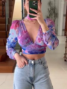 Women's Blouses Elegant Print Chiffon Cropped Smock Blouse For Women Sexy V Neck Tie Dye Hem Pleat Shirt Summer Lady Fashion Crop Tops