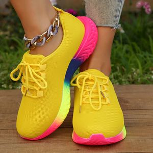 Dress Shoes Rimocy Fashion Rainbow Bottom Sneaker Shoes Women Lace-Up Breathable Mesh Casual Shoes Woman Plus Size 43 Outdoor Non-Slip Flats 230710