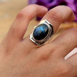 Vintage Silver Color Natural Ring Antique Party Unisex Jewelry Labradorite Rings for Women Wedding Engagement Size 6-10