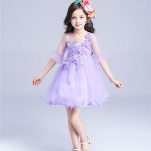 Girl Dresses Vintage Lace Flower Girls Wedding Dress Purple Petal Attach Voile Kids For Party Dancing Vetement Fille 2-9T