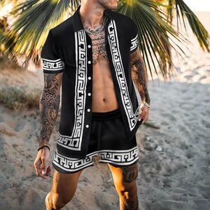 Mens Trailtsits Geometrik Baskı Moda Plaj Yaz Gömlek Sıradan Nefes Alabilir Kısa Kollu Şort Erkekler Set 230710