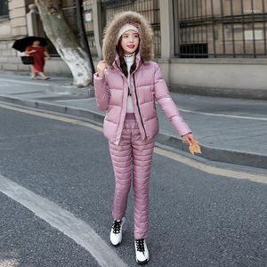 Women's Two Piece Pants 2023 Winter Women Two-piece Suit Warm Down Parka Fur Collar Thicken Hooded Jacket Elastic Waist Cotton 2-Piece Set