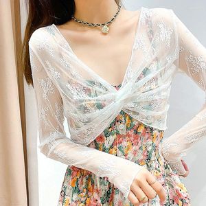 Женские блузки модные летние кружевные легкие вершины сетки с длинными рукавами.