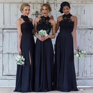 2023 Eleganta marinblå brudtärnklänningar för bröllop Chiffong A-line Halter Slit Formell Klänningar Fest Spets Modest Maid Of Honor Klänning