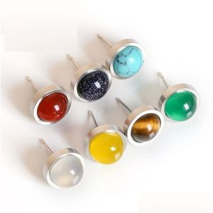 Stud 8Mm 10Mm 12Mm Natural Stone Stainless Steel Diy Ear Tiger Eye Opal Amethyst Rose Quartz Agate Earrings For Women Girl Jewelry D Dhthq