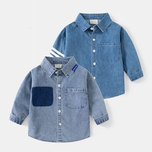 Kids Shirts HoneyCherry Boy s Denim Lapel Long sleeved Shirt Casual Pocket Children s Boy Blouse 230711