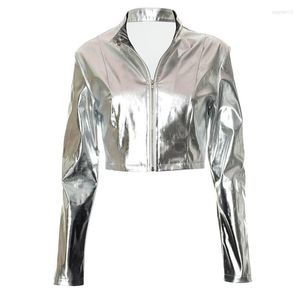 Giacche da donna KBAT 2023 Giacca lucida Cappotto da donna in pelle PU Argento manica lunga Donna Basic Autunno Bomber Fashion Streetwear