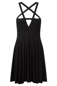 Casual Dresses Gothic Black Bandage Mini Dress Summer A-Line Pentagram Straps Sexy Hollow Waist Slim Sleeveless Female Large XXL