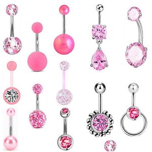 Navel Bell Button Rings 12Pcs/Set Piercing For Women Pink Crystal Ball Bar Surgical Steel Summer Beach Fashion Body Jewelry Drop De Dhlgo
