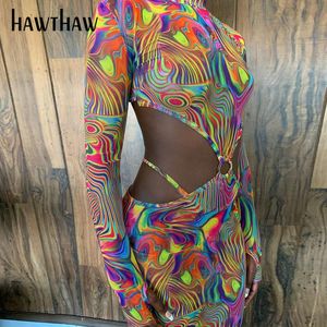 Miejskie seksowne sukienki Hawthaw kobiety jesienno-zimowa z długim rękawem Hollow Out nadrukowana siatka Backless Bodycon Mini sukienka odzież damska Streetwear 230711