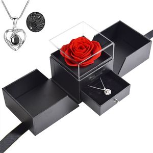 Real Love Forever Nature Rose Konserverad Blomma Dubbeldörr Smyckeskrin Akryl Med Halsband Alla hjärtans dag Julklappar