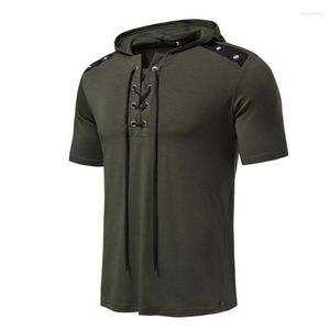 メンズ Tシャツヨーロッパサイズの男フード付き半袖 Tシャツ 2023 夏のファッショントレンドカジュアルレースアップグレーアーミーグリーン Tシャツプルオーバー