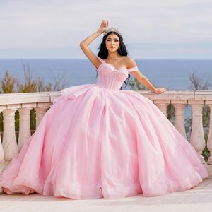 Różowy błyszczący kochanie suknia balowa z koralikami Quinceanera sukienki Vestidos De 15 Anos moda tiul urodziny księżniczka sukienki na przyjęcie