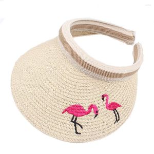 Berretto da sole ricamato con fenicottero di paglia per bambini 3-8 anni Cappello con visiera parasole con cappuccio aperto