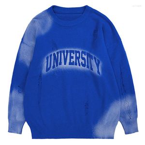 Maglioni da uomo Maglione strappato con lettera sfumata dipinta a mano Uomo Autunno Inverno Maglione allentato con tintura a nodi Retro Maglione lavorato a maglia blu