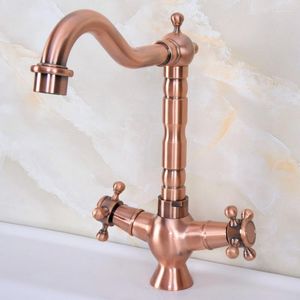 Bathroom Sink Faucets Antique Red Copper Brass Dual Cross Handle Swivel Spout Kitchen Vessel Basin Faucet Mixer Tap Tnf618