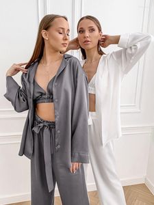 Calças femininas de duas peças imitação de seda francesa três conjuntos mulheres sexy camisas de lapela sutiã com cordão solto pijamas casuais roupas de casa
