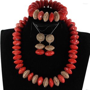 Necklace Earrings Set Chunky African Coral Beads Jewelry Real Bead Bridal Coral/Gold Dubai Women CNR022