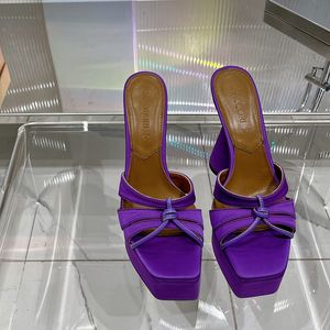 Women Silk and satin purple Fashion Mules Slippers Slides Sandals heeled open-toe Platform Pumps chunky block heels women's luxury designers Evening Party shoe