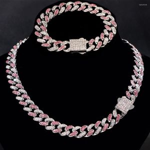 Chains Men Women Pink 13MM Miami Cuban Link Chain Necklace Iced Out Rhinestone Paved Rapper Bracelet Set Hip Hop Jewelry