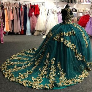 Smaragdgrön prinsessa Quinceanera Klänningar Stor rosett 3D Blomma Applikationer Askungen 16 Princess Klänningar Vestidos De 15 Anos