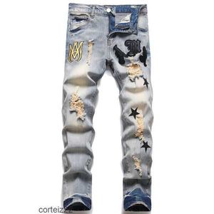 Amirs Men Jeans Designer, сложенные для мужчин Rips Rips Отреленные черные брюки с отверстиями Джинсовая рубашка Прямая нога Slim Fit zipper Zipper Amari Bikers Motorcycle Bjat