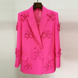 Women's Suits TOP QUALITY 2023 Fashion Designer Jacket Stereoscopic Flowers Appliques Double Breasted Long Blazer Pink S-4XL