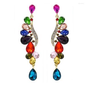 Brincos pendentes lindos multicoloridos em forma de gota d'água de cristal nupcial longo brinco de casamento grande para mulheres acessórios de joias de formatura