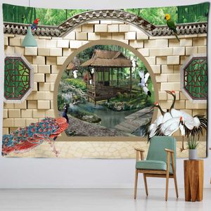 Tapestries Bamboo Forest Cottage Window Painting Tapestry Wall Hanging Deer Aesthetics Room Home Decor