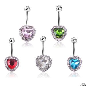 Navel Bell Button Rings Piercing For Women Crystal Love Heart Zircon Surgical Steel Summer Beach Fashion Body Jewelry Blue Color D Dhirp