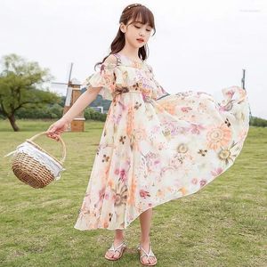Girl Dresses Spring Dress Kids Clothes Student Fashion Girls Party Princess Prom Tie-up Petal-sleeve Tight-waist Chiffon