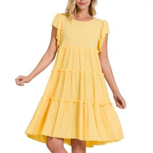 Vestidos Casuais Amarelo Feminino Vestido Elegante Verão Cor Sólida Senhora Manga Curta Babado Moda Solta Praia Robe Midi em Camadas