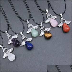 Pendant Necklaces Natural Stone Angel Necklace Pink Crystal Opal Amthyst Charms Pu Chain For Women Jewelry Drop Delivery Pendants Dhxht