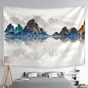 Tapisseries Mountain and River Ink Målning Tapestry Wall Hanging Style Home Decor