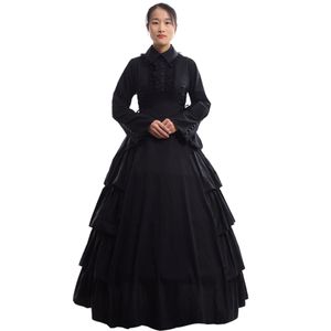 Retro kobiety gotyckie średniowieczne falbanki rekonstrukcja kostiumu Vintage wiktoriański karnawał Party czarna suknia balowa Dress262T