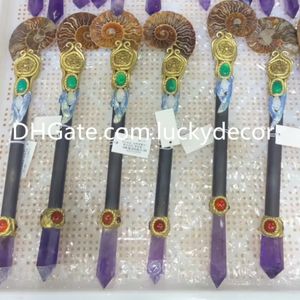 Ammonite Fossil Amethyst Magic Wand Beautiful Gift Clear Quartz Crystal Selenite Point Pyrite Druzy Geode Cluster Ebony Wood Halloween Witch Mystical Scepter