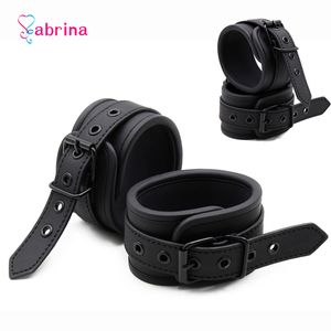 Bondage Fetish Sexy BDSM Bondage Handcuff and Ankle Cuff Black Leather Handcuff Sex Toy for Couple Game Metal Bondage Erotic Accessories 230710