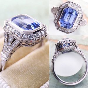 Huitan Unique Geometric Blue Cubic Zirconia Rings for Women Engagement Wedding Trend Eternity Accessories Newly Designed Jewelry