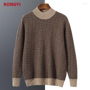 Herrtröjor RONGYI Pure Cashmere Sweater Mock Turtleneck Jacquard Höst- och vintermode Retro Color Blocking Pullover Top