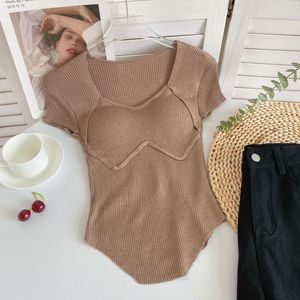 Women's T Shirts Summer Fashion Sexy Pure Desire Girl Square Collar Short-sleeved T-shirt Female Slim Irregular Chest Pad One-piece Top