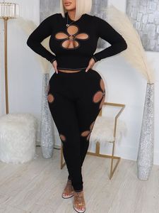 Women's Two Piece Pants LW SXY Cut Out Metal Ring Decor Pants Set Women Pierced Two Piece Long Sleeve O Neck Top Skinny Pants Matching Suits 230711