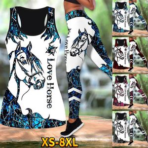 Swimwear Summer Ladies Love Horse Print Yoga Sports Pants Sweatpants Leggings Cut Out Back Tank Tops Combo Suit Xs8xl