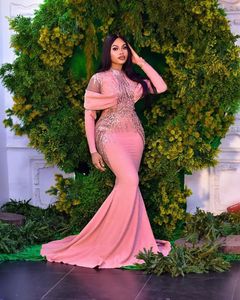 Plus Size Arabic Pink Mermaid Prom Dresses Beaded Sequins Evening Formal Party Second Reception Birthday Engagement Gowns