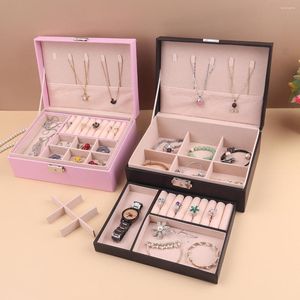 Jewelry Pouches Multicolour Double Layer Large Capacity Storage Box With Lock Wood PU Earrings